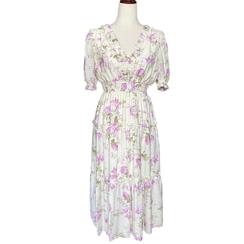 By The River Cottagecore Fairycore Puff Sleeve Floral Midi Dress‎ Womens L White